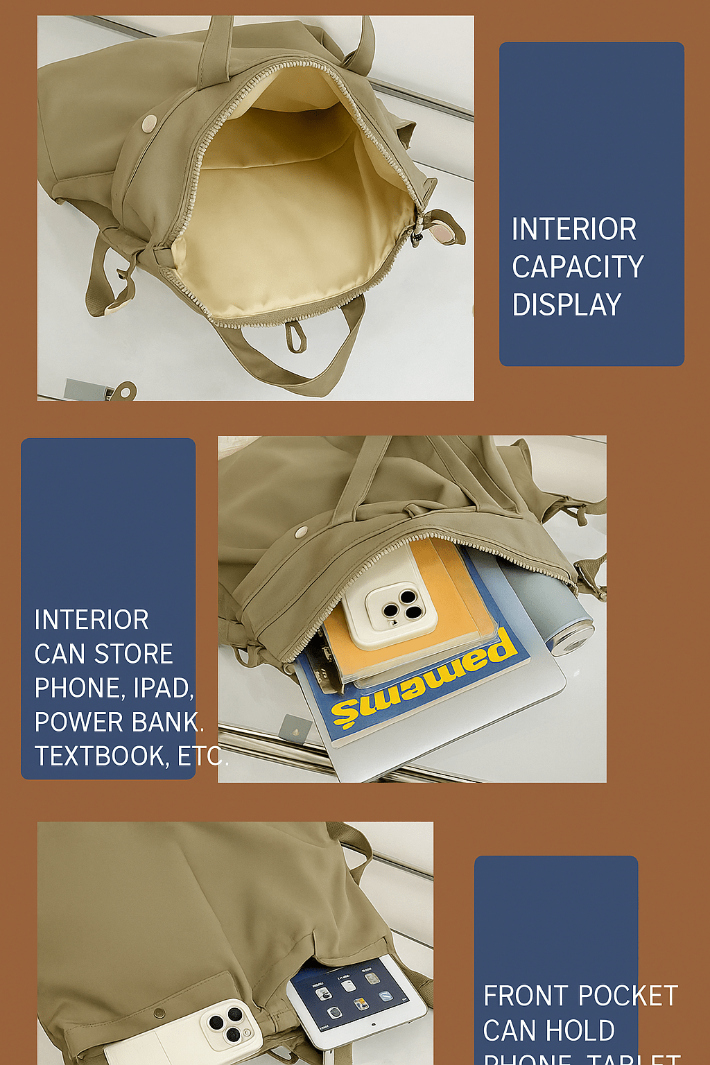 Korean Backpack - Khaki - Trendy Waterproof Korean Backpack | MackinTotes - Mackin Totes