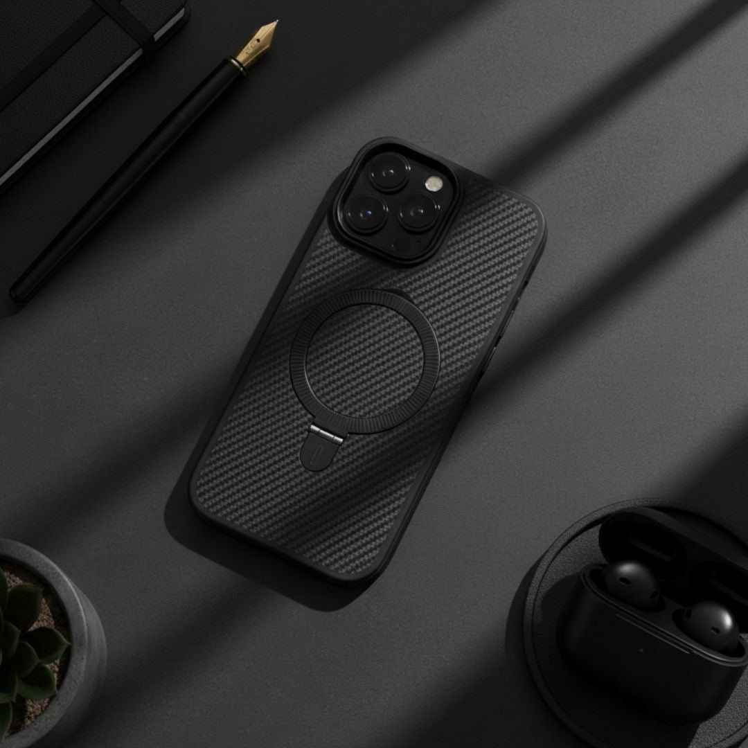 Premium Texture Solid Black MagSafe Case with Magnetic Ring Stand - Mackin Totes