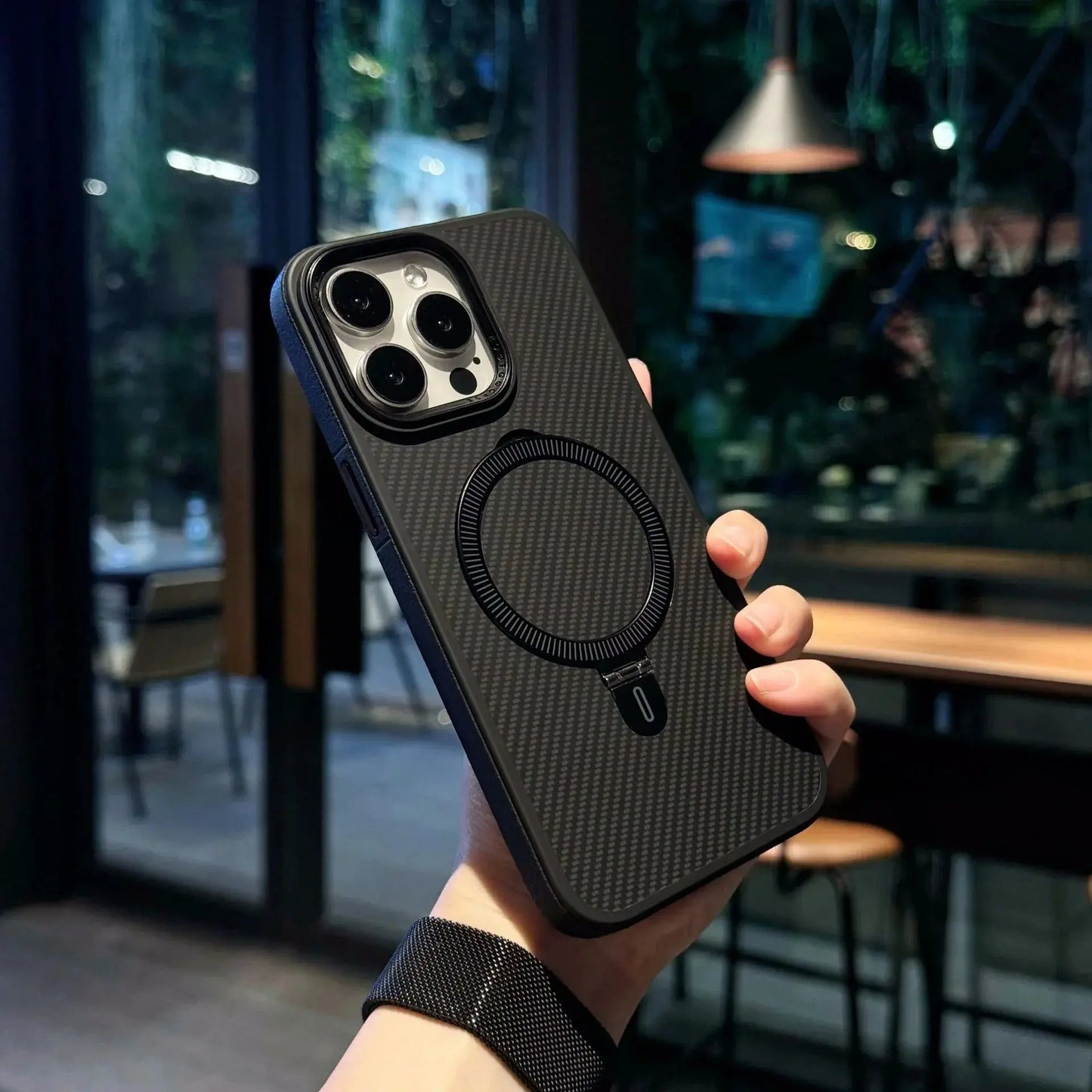 Premium Texture Solid Black MagSafe Case with Magnetic Ring Stand - Mackin Totes